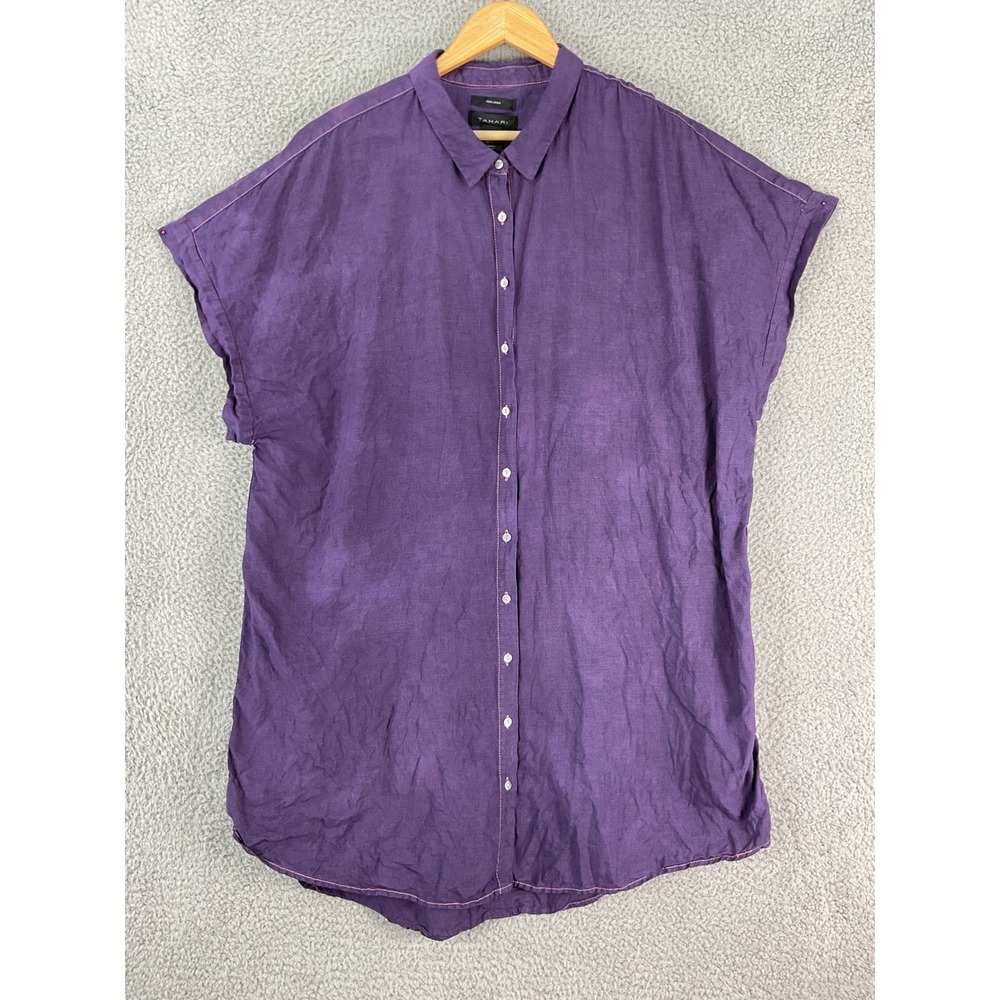 Tahari Linen Tunic Top Womens 3X Purple Short Sleeve Button Down Contrast Stitch